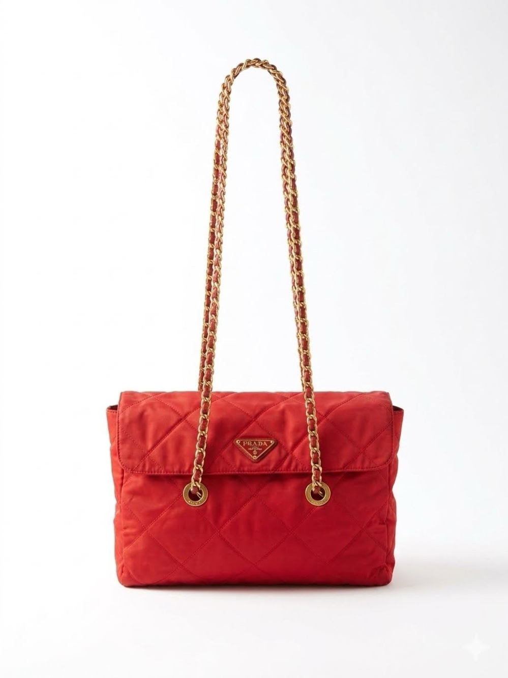 Prada Vintage Red Quilted Tessuto Nylon Chain Shoulder Bag B1240 Card Included